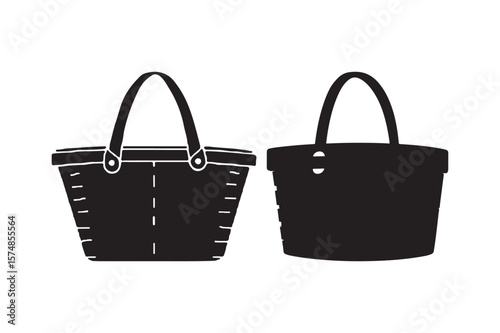 Two black silhouette picnic baskets with handles on white background
