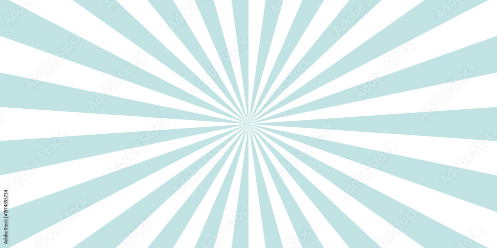 Fototapeta premium Stripes sunburst in retro pop art style. Swirling radial background. Faded blue, white and beige color burst background. Modern seamless retro vintage burst sunrise sunbeam element spiral striped
