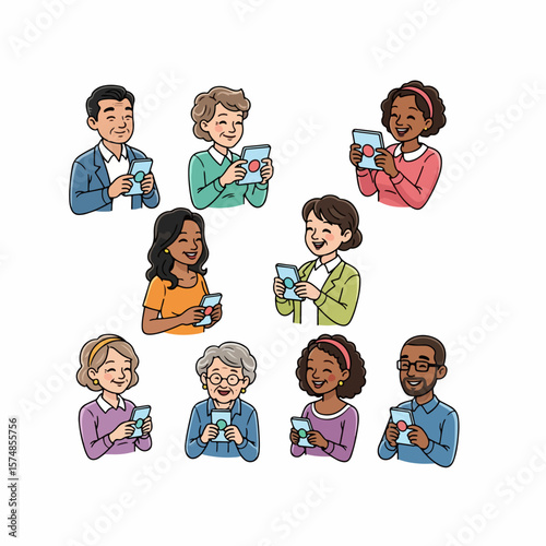People using smartphones smiling diverse group of adults