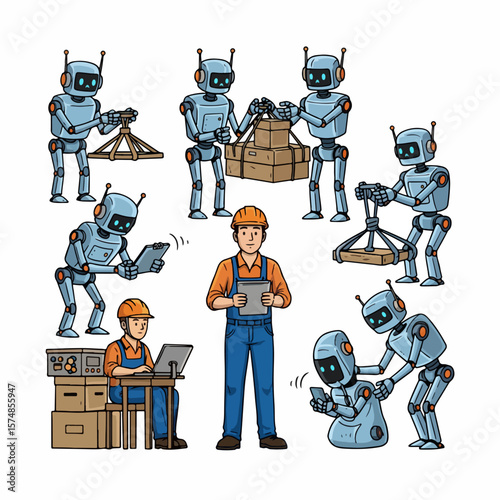 Robots and worker collaborating in industrial setting