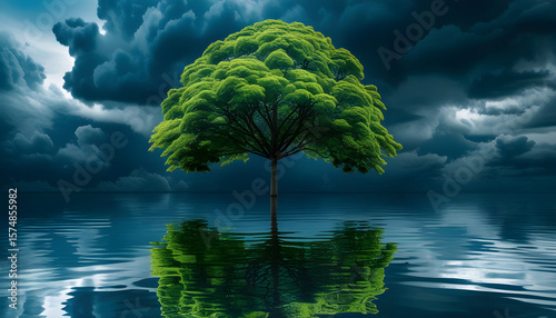 Tranquil yet ominous scene with tree doubled in flawless water reflection