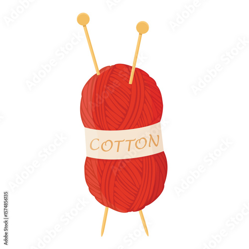 Red cotton yarn ball, skein with needles for knitting