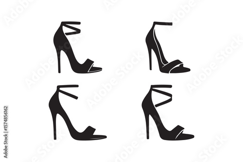 Collection of four black silhouette high heel sandals on white background
