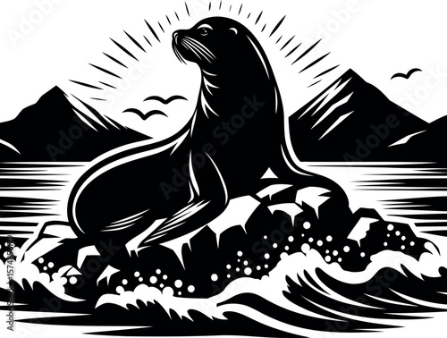 Sea Lion on a Rocky Coastline Silhouette Art