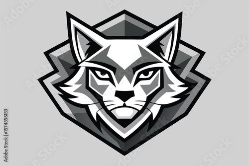 Stylish grayscale bobcat head stares intently from a diamond shaped background it looks ferocious