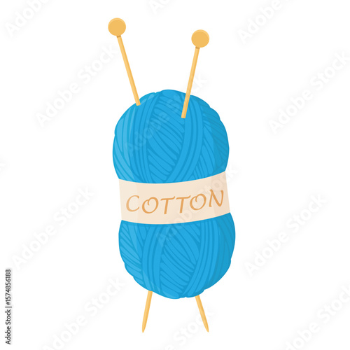 Blue cotton yarn ball, skein with needles for knitting