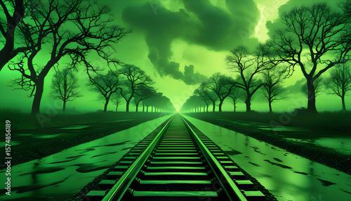 Surreal train tracks flanked by barren trees and ethereal post-rain fog