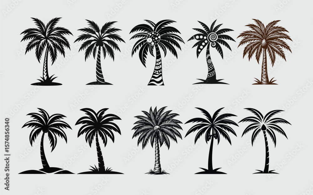 Obraz premium Tropical Palm Tree Silhouettes – Black and White Vector Set for Summer Designs
