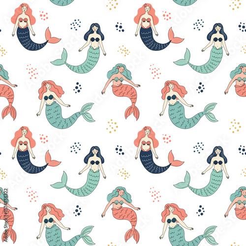 Seamless mermaid pattern with colorful characters and aquatic elements