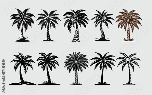 Tropical Palm Tree Silhouettes – Black and White Vector Set for Summer Designs