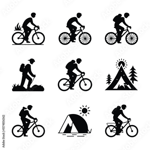 Cyclist and hiker silhouette icons with camping scenes