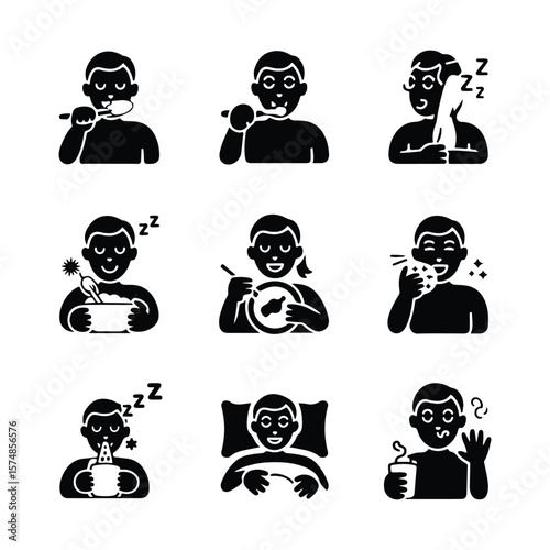 Daily Routine Icons Man Brushing Teeth Eating Sleeping Drinking