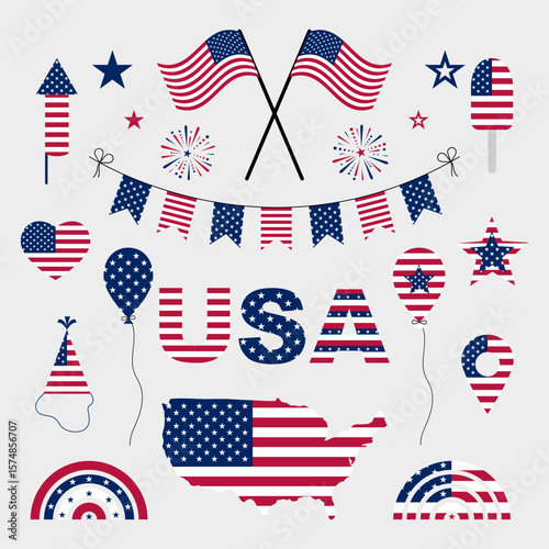 Flat style icon set with patriotic American symbols: map, bunting, flag, party hat, star, and fireworks.