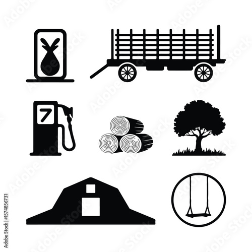Farm icons including barn gas pump tree logs wagon and swing