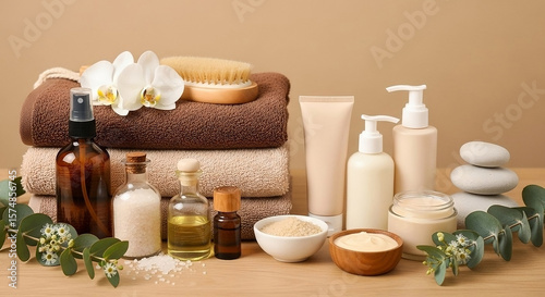 A warm and inviting arrangement of spa essentials, including neatly stacked towels, various beauty product bottles and jars, bath salts, and a body brush, adorned with orchids and eucalyptus.