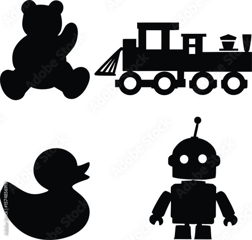 Childhood Icons in Silhouette Harmony: A Minimalist Ensemble of a Teddy Bear, Toy Train, Rubber Duck, and Robot Celebrating Whimsy and Imagination