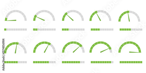 Speedometer gauge meter icon set for infographic. Speed indicators, performance levels, risk gauges and score progress scales