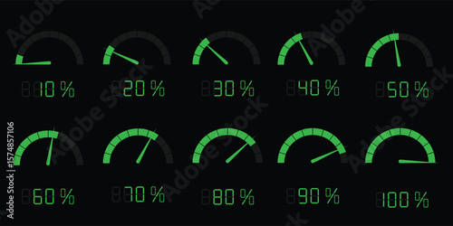 Speedometer gauge meter icon set from 10% to 100% for infographic