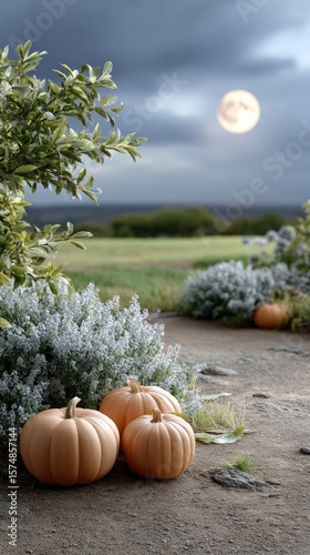 Two carved Halloween pumpkins glow in moonlight surrounded by grass and flowers, showcasing a whimsical yet detailed atmosphere