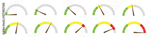 Speedometer gauge meter icon set for infographic. Speed indicators, performance levels, risk gauges and score progress scales