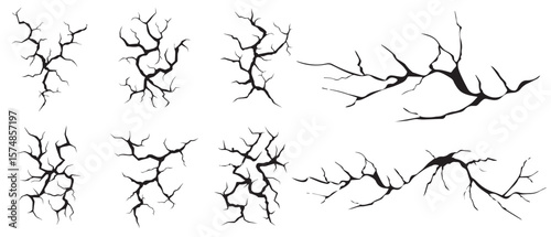 Black crack set, vector broken floor texture, earthquake ground crash on white, rock crackle kit