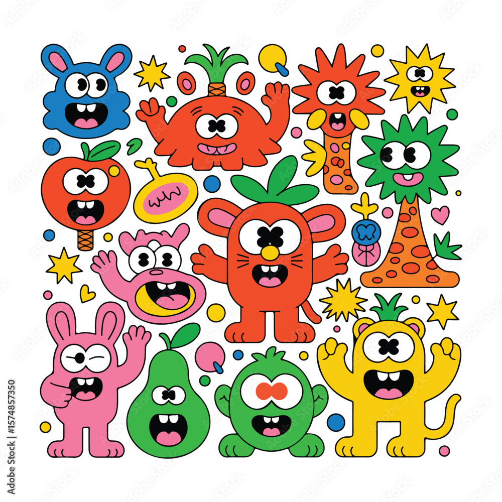 Obraz premium Group of colorful cartoon monsters and fruit characters