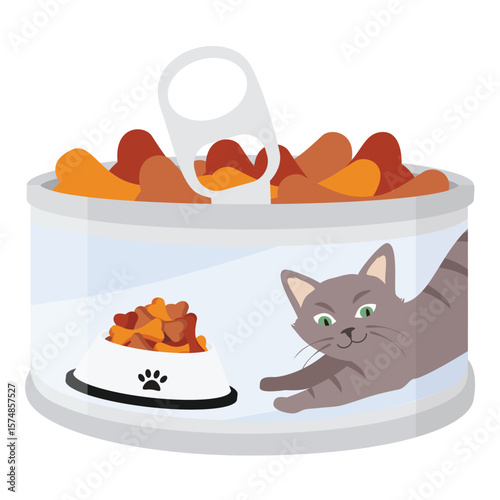 Tin can with wet cat food. Pet food container for cats and kittens