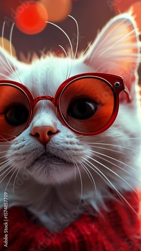 Charming white cat in stylish orange glasses and cozy red sweater on a colorful backdrop