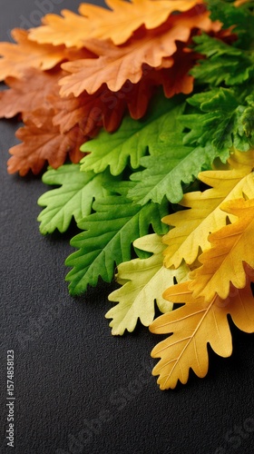 Vibrant oak leaves display a range of colors from green to orange, highlighting the beauty of autumn against a dark backdrop