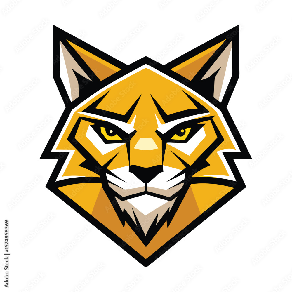 Fototapeta premium Front view of a yellow bobcat head shows striking yellow eyes and black outline