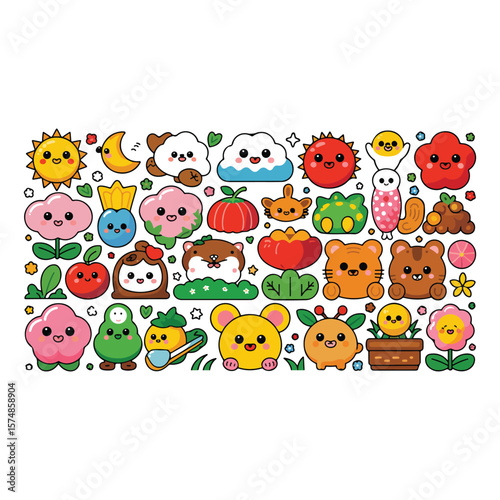 Kawaii cartoon characters sun moon clouds flowers animals and fruits