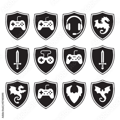 A collection of gamingthemed shield icons featuring controllers, headsets, swords, dragons, and shields
