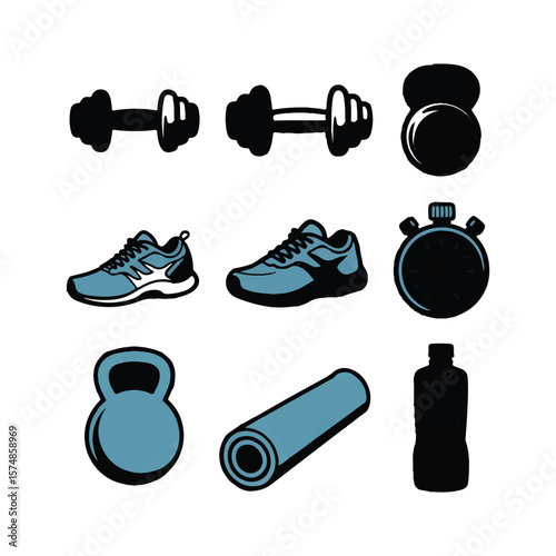 A dynamic set of fitness and gym equipment, including dumbbells, kettlebells, running shoes, a yoga mat, and a stopwatch