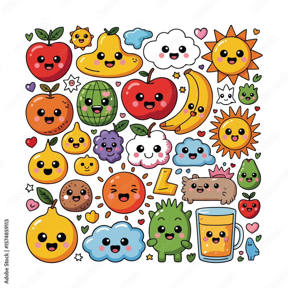 Fototapeta premium Kawaii fruits and sun characters with clouds and juice