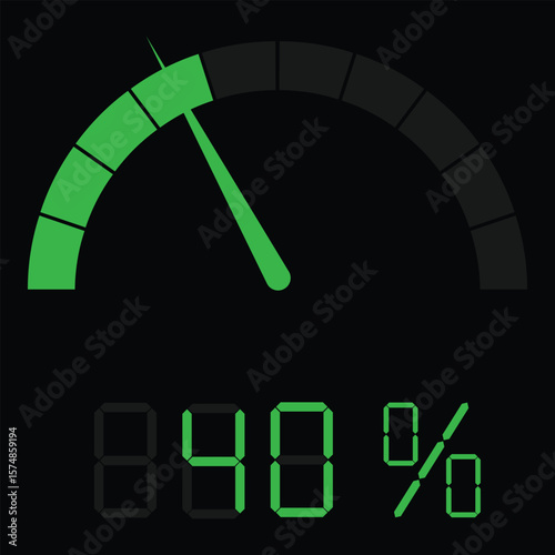 Speedometer gauge meter icon showing 40% for infographic use. Speed indicator, performance level, risk gauge and score progress scale.