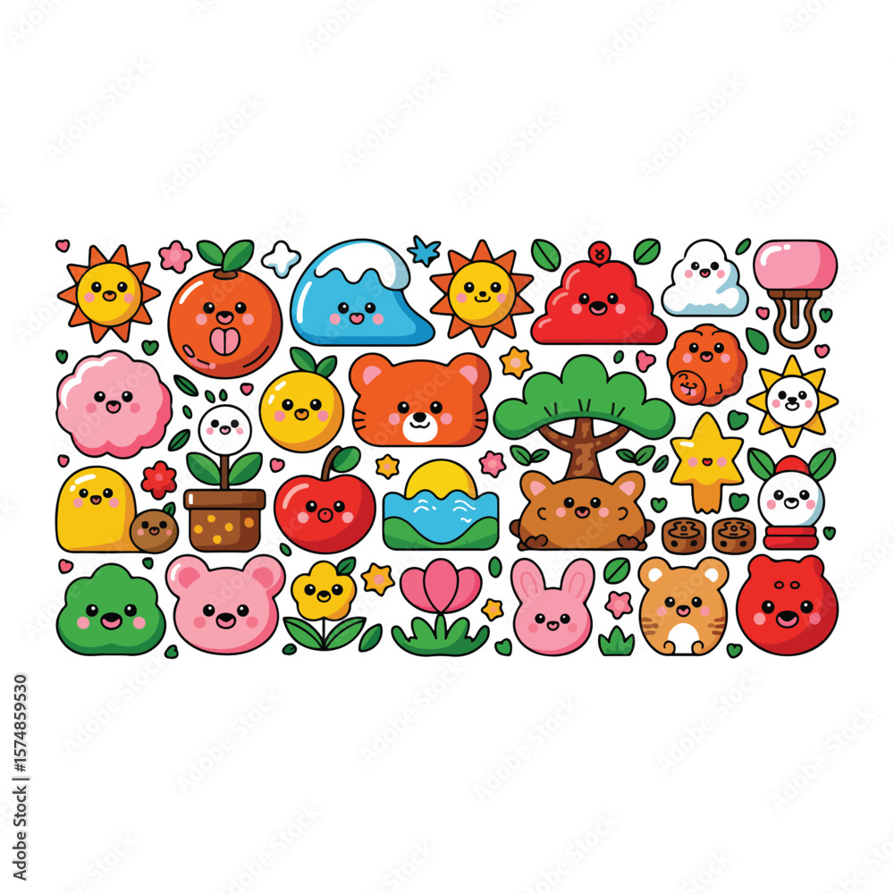Obraz premium Kawaii Nature Elements and Animals Collection cute
