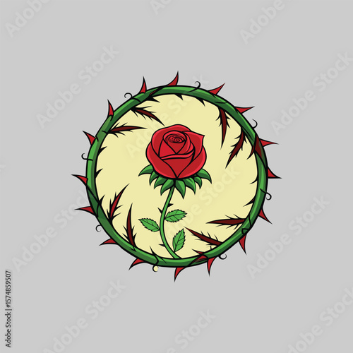 Vector illustration of a red rose surrounded by a thorns circle emblem
