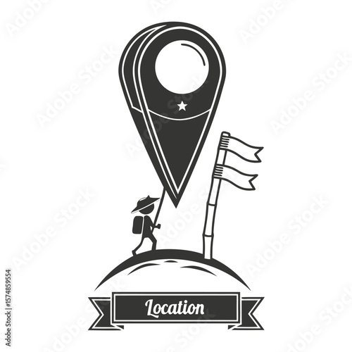 Vector illustration of location concept with a hiker and a place marker symbol