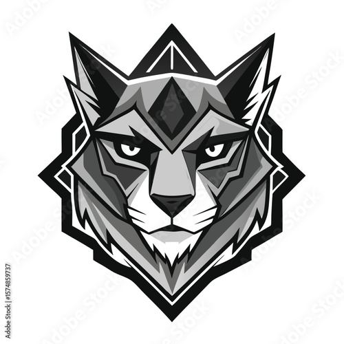 Intense monochrome wolf head fiercely stares forward within a geometric badge shape