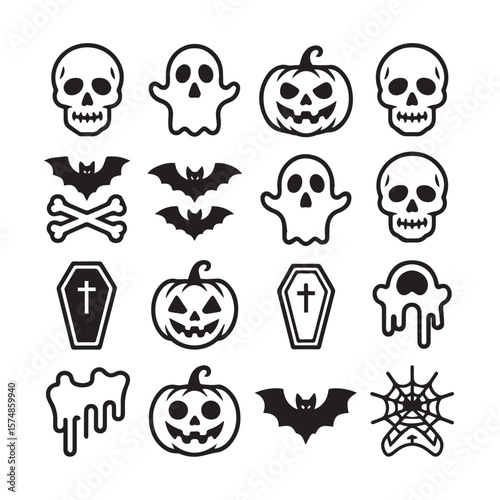 A comprehensive collection of halloween icons including skulls, ghosts, pumpkins, bats, coffins, and spiderwebs