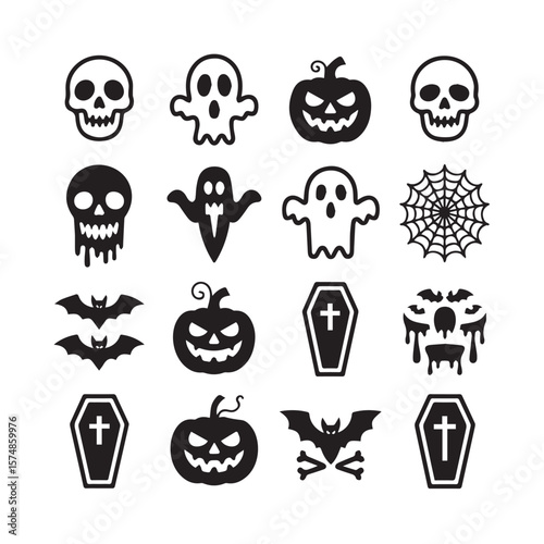 A collection of spooky halloween icons including skulls, ghosts, pumpkins, bats, and coffins