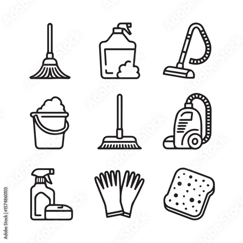 A collection of cleaning supplies and tools including brooms, mops, buckets, vacuums, and gloves