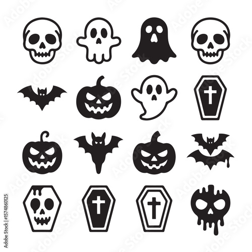 A diverse set of halloween icons featuring skulls, ghosts, pumpkins, bats, and coffins