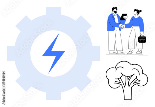 Gear with power icon, business handshake with folder exchange, and tree design. Ideal for energy efficiency, business collaboration, eco-solutions, innovation, sustainability, team growth simple