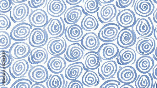 Watercolor painting of many light blue spirals arranged in a repeating pattern on a white background