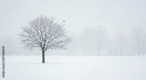 Wallpaper Mural A single tree covered in snow with a bird perched on a branch in a white snowy landscape scene Torontodigital.ca