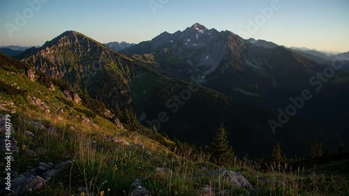 Mountain Landscape at Sunset with Dramatic Light and Shadows