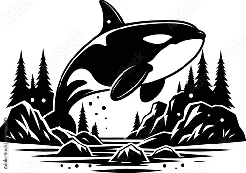 Orca Breaching in Forest Landscape, Stunning Orcas Silhouette Design Perfect for Ocean Lovers.