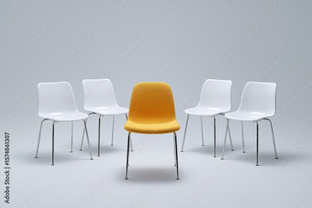 Obraz premium Yellow chair among white chairs in minimalist setting
