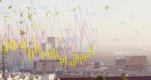 Chart overlay appearing, graphs fluctuating, bars rising and stars swirling showing market trends